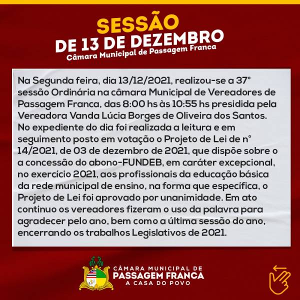 SESSÃO ORDINÁRIA DIA 13/12/2021